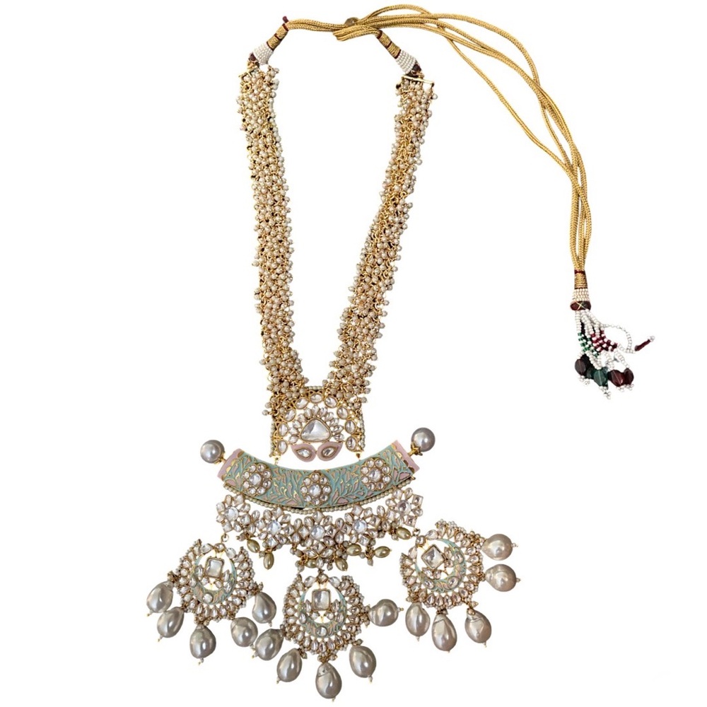 Indian Bridal Gold and Baroque Pearl Polki Kundan Meenakari Long Mala Necklace
